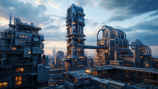 Futuristic industrial city skyline at dusk with complex structures image