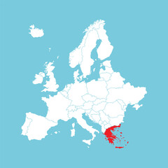 Europe map. Vector Europe map with Greece highlighted in red, isolated on blue background.