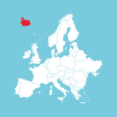 Europe map. Vector Europe map with Iceland highlighted in red, isolated on blue background.