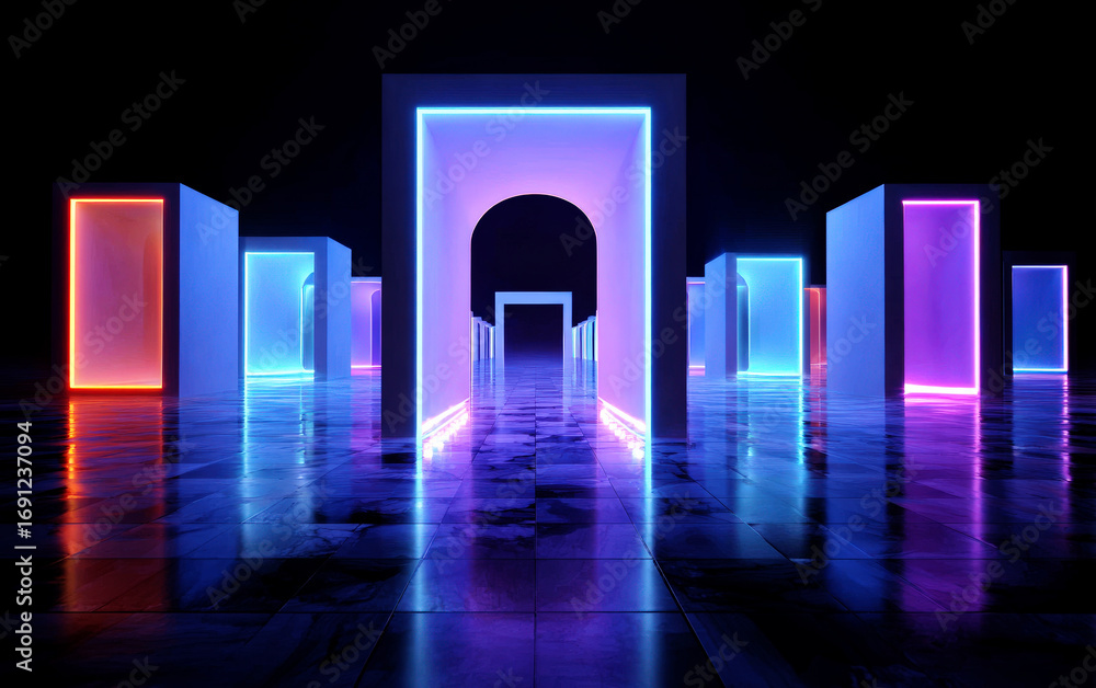 Poster neon lit geometric structures with glowing arches and rectangular forms