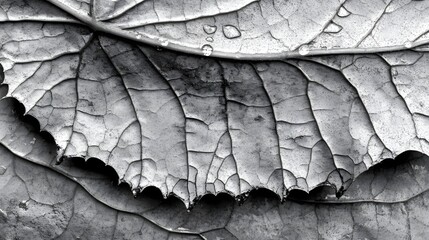 Obraz premium Close up monochrome view of a textured leaf with water droplets and prominent veins