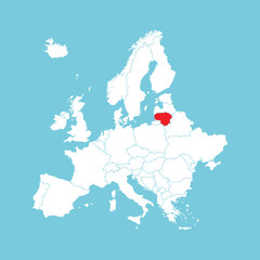 Europe map. Vector Europe map with Lithuania highlighted in red, isolated on blue background.
