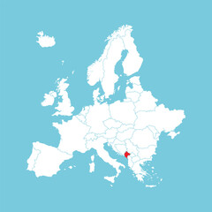 Europe map. Vector Europe map with Montenegro highlighted in red, isolated on blue background.