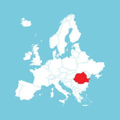 Europe map. Vector Europe map with Romania highlighted in red, isolated on blue background.