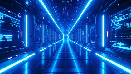 Futuristic, glowing corridor with digital displays