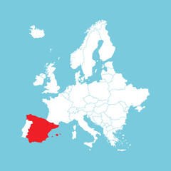 Europe map. Vector Europe map with Spain highlighted in red, isolated on blue background.
