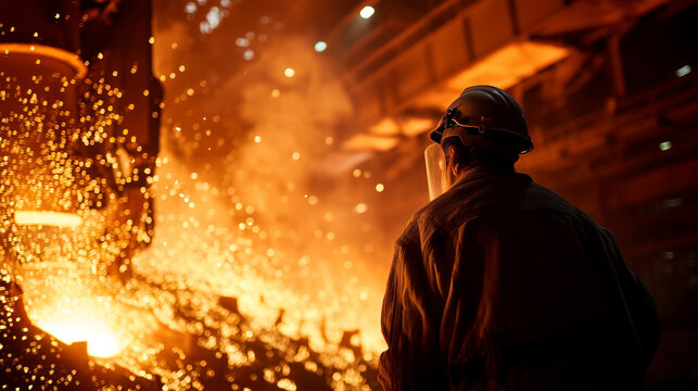 Steel mill worker monitoring molten metal pouring, sparks flying, industrial atmosphere