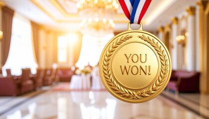 Golden award medal with engraved YOU WON text in luxury interior, AI Generated