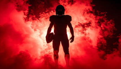 Silhouetted American football player holding ball in dramatic red smoke background, AI Generated