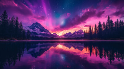 Vibrant purple aurora lights paint a starry night sky above majestic mountains and a calm forest lake, creating a perfect reflection.