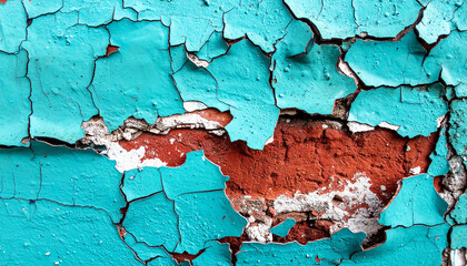 Obraz premium Peeling turquoise paint on old brick wall with exposed red texture, AI Generated