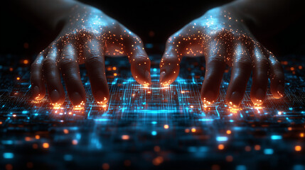 Glowing hands reach out to touch a vibrant digital interface, showing concepts of data interaction and advanced technological networks.