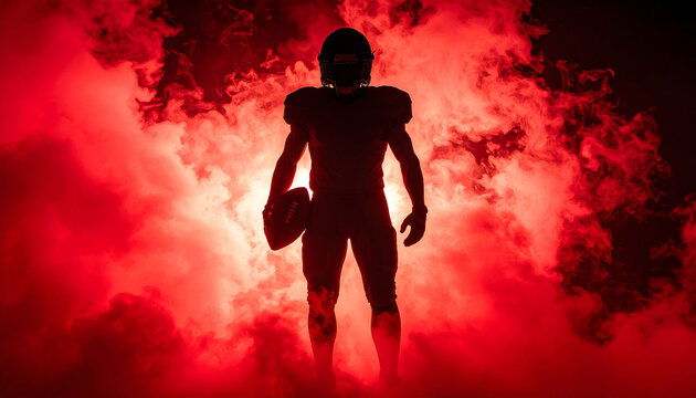 Silhouetted American football player holding ball in dramatic red smoke background, AI Generated