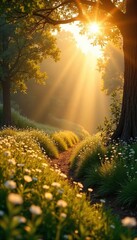 Serene landscape bathed in golden sunlight evokes a sense of peace and spiritual awakening, reminiscent of gospel hymns and divine presence , soul, glorious, tranquil