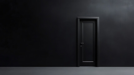 A black door in a dark room. Minimalist interior design concept with a focus on shadow and form, creating a sense of mystery.
