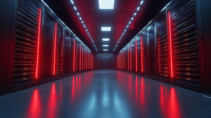 Modern data center corridor shows rows of server racks, glowing red, processing digital information and advanced technology.