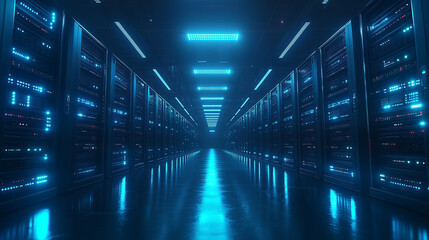 Blue light illuminates rows of powerful computer servers in a vast digital data center corridor, reflecting a futuristic network infrastructure environment.