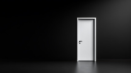 White door against a stark black wall. Minimalist design with high contrast. Exit, entrance, or transition. Focus on simplicity and modern design.