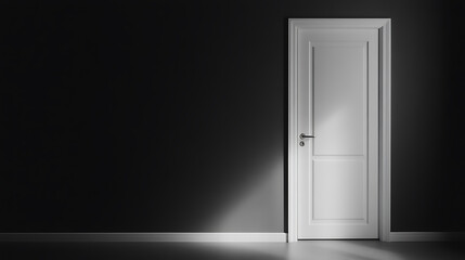 Modern minimal interior featuring a white door against a dark wall. Strong contrast evokes mystery & possibility. Interior design element & architectural feature.