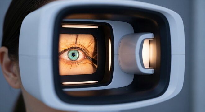 Female eye scanned by laser light. Biometric retina identification technology. Future security access and data protection concept footage.