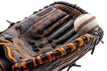 Baseball glove catches ball, brown and black leather mitt, sport equipment for a player