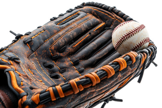 Baseball glove catches ball, brown and black leather mitt, sport equipment for a player