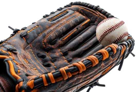 Baseball glove catches ball, brown and black leather mitt, sport equipment for a player