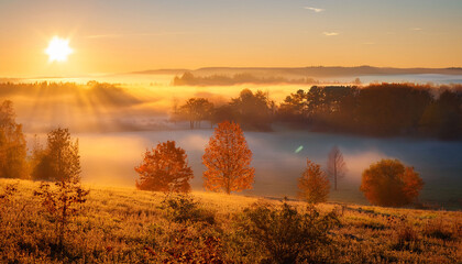 Sunrise Over A Beautiful Autumn Landscape With Sunlit Trees And Morning Fog
