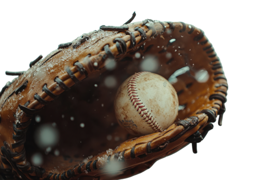 Baseball glove catches ball, brown and black leather mitt, sport equipment for a player