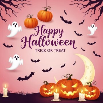 Happy halloween trick or treat with pumpkins, ghosts, bats, and crescent moon
