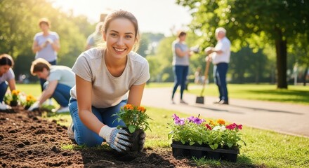 Woman planting flowers in a park. Group of volunteers gardening for community project. Environmental conservation outdoors.