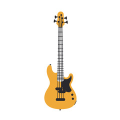 Naklejka premium Yellow bass guitar stands isolated on white, ready for a musician to play a groovy tune, creating a musical atmosphere.