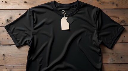 Small and large blank tags on black shirts on wooden table