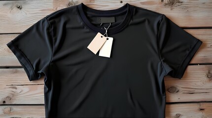 Blank white and cream colored tags on black shirt on wooden table