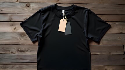 Blank white and green tag on black shirt on wooden table