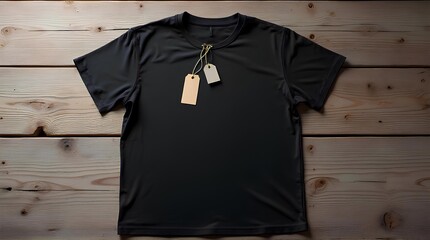 Two sizes of blank tags on black shirts on a wooden table