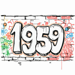 Graffiti Art Year 1959 Painted On A Brick Wall With Spray Paint Splatters And Tags urban