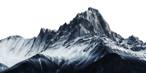 Jagged snow covered mountain peaks isolated on a transparent background rock