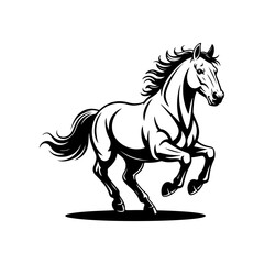 Obraz premium Black and white illustration of a running horse. Monochrome image of a horse. Design element for logo, sign, poster, emblem. Vector illustration