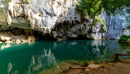 Cave Entrance & Teal Pool Reflection