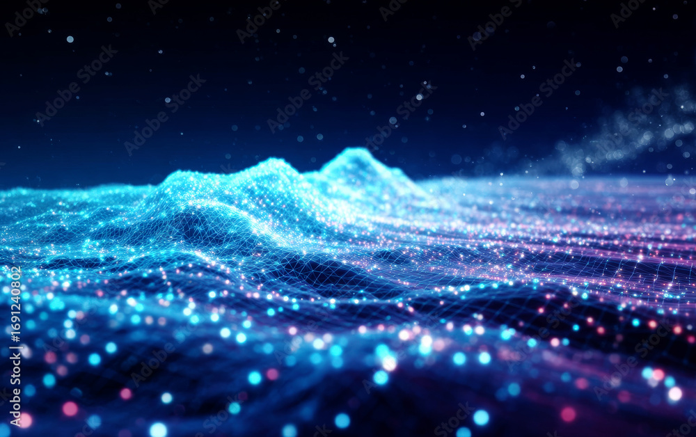 Poster abstract digital landscape with glowing particles and wavy patterns