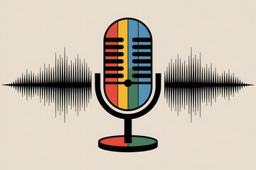 Colorful vintage microphone with vibrant sound waves for podcasting or audio production visual