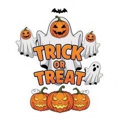 Happy halloween trick or treat text with pumpkins, ghosts, and bat isolated on white background