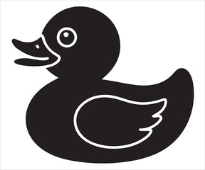 Silhouette of duck vector illustration showing cute bird, cartoon animal, rubber duck symbol, aquatic waterfowl, children’s toy design, playful character, and simple black and white outline