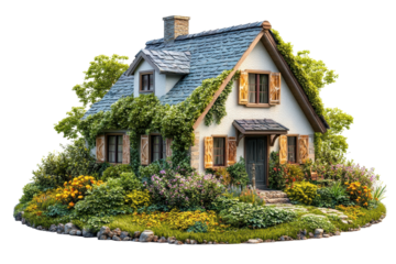 Quaint, charming cottage is covered with lush, green vines and a colorful garden on a sunny day, complete with stone roof and brick chimney
