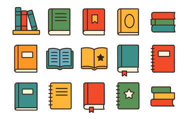 Colorful collection of books and notebooks icons in flat design