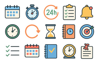 Time management icons set featuring clocks, calendars, and checklists in flat design