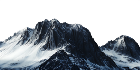 Jagged snow covered mountain peaks with colorful rim lighting isolated on a transparent background