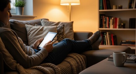 Young woman relaxing on sofa using digital tablet. Online learning and remote education concept for future smart technology.