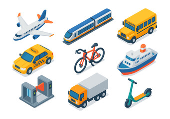 Isometric transport icons: plane, train, bus, taxi, bike, ferry, truck, scooter